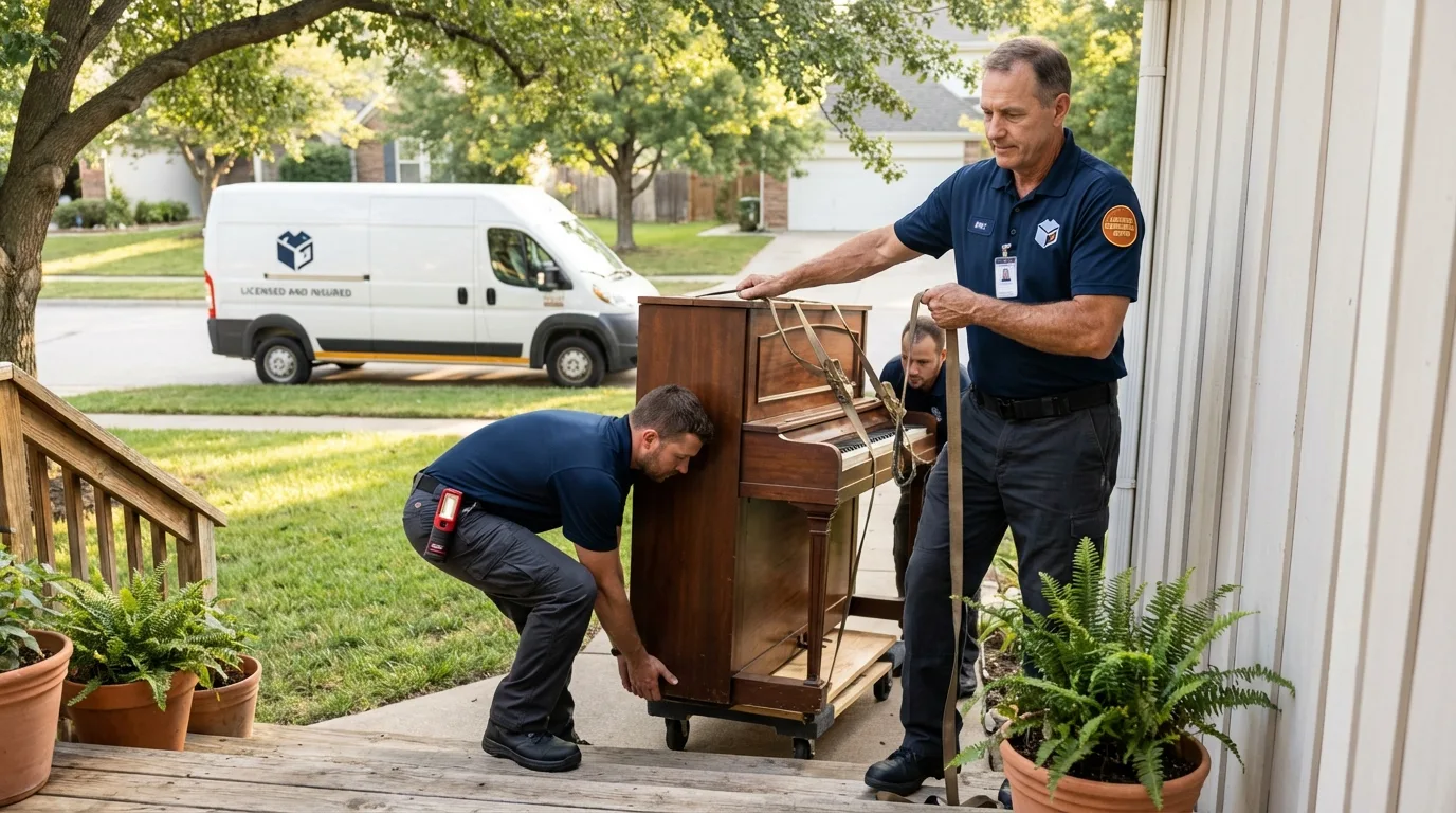 Licensed piano movers securing grand piano in Pleasantville, NJ