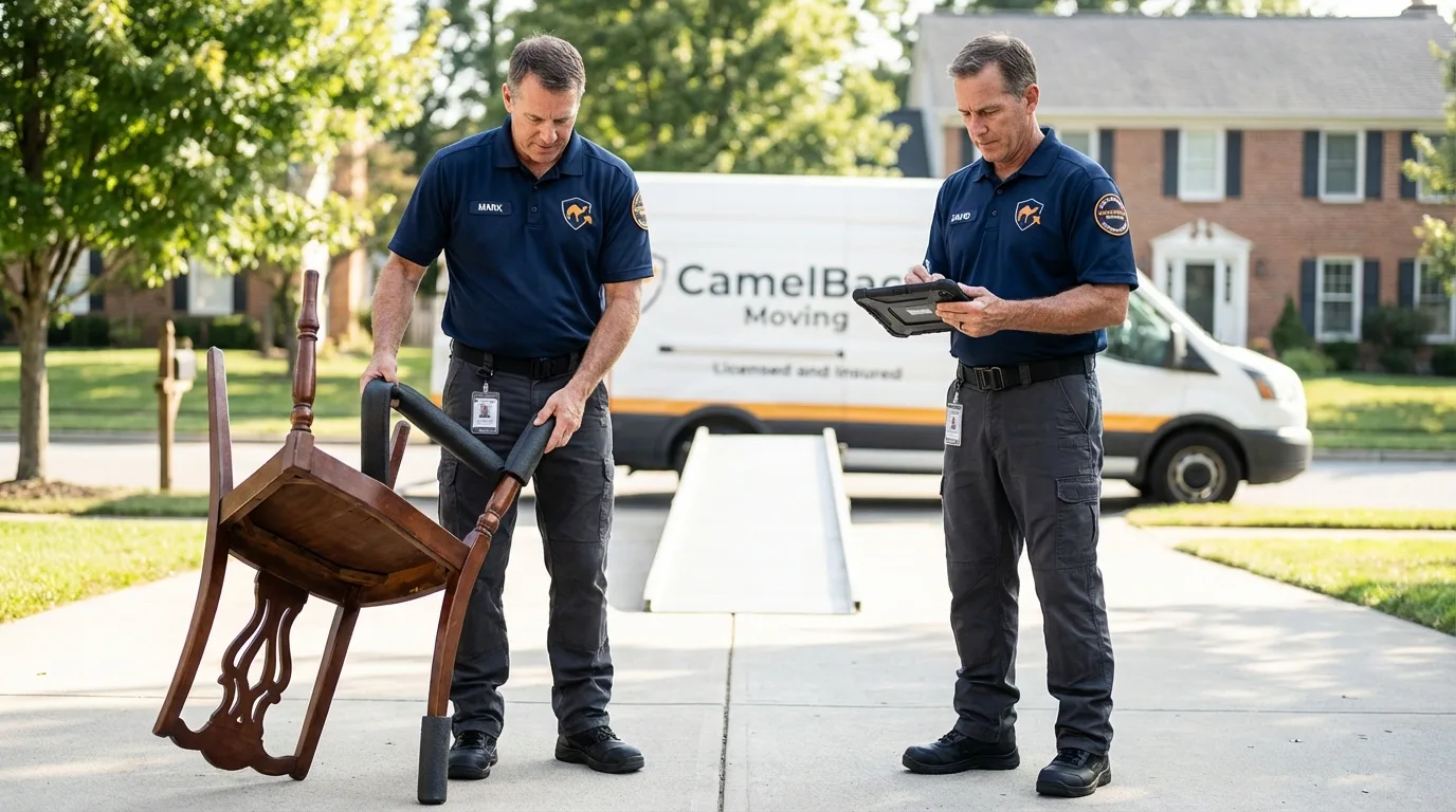 Movers inspecting furniture for damage prevention before loading in Pleasantville, NJ