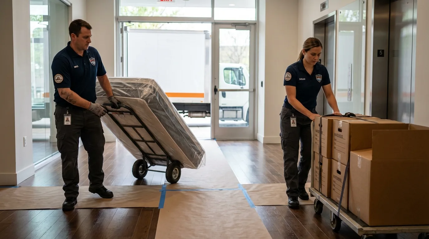 Professional apartment movers loading elevator in Pleasantville, NJ