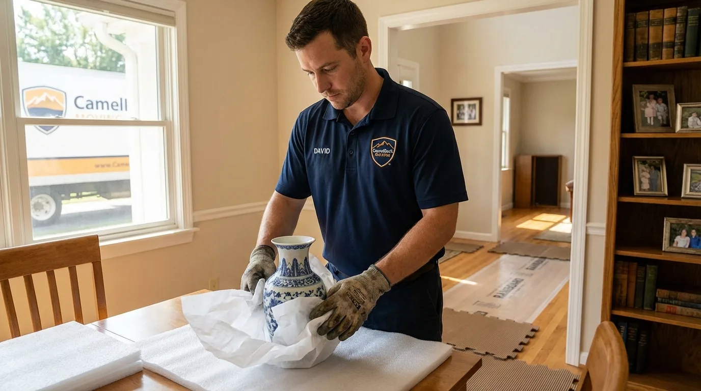 Professional crew carefully wrapping antique vase for senior downsizing move in Pleasantville, NJ